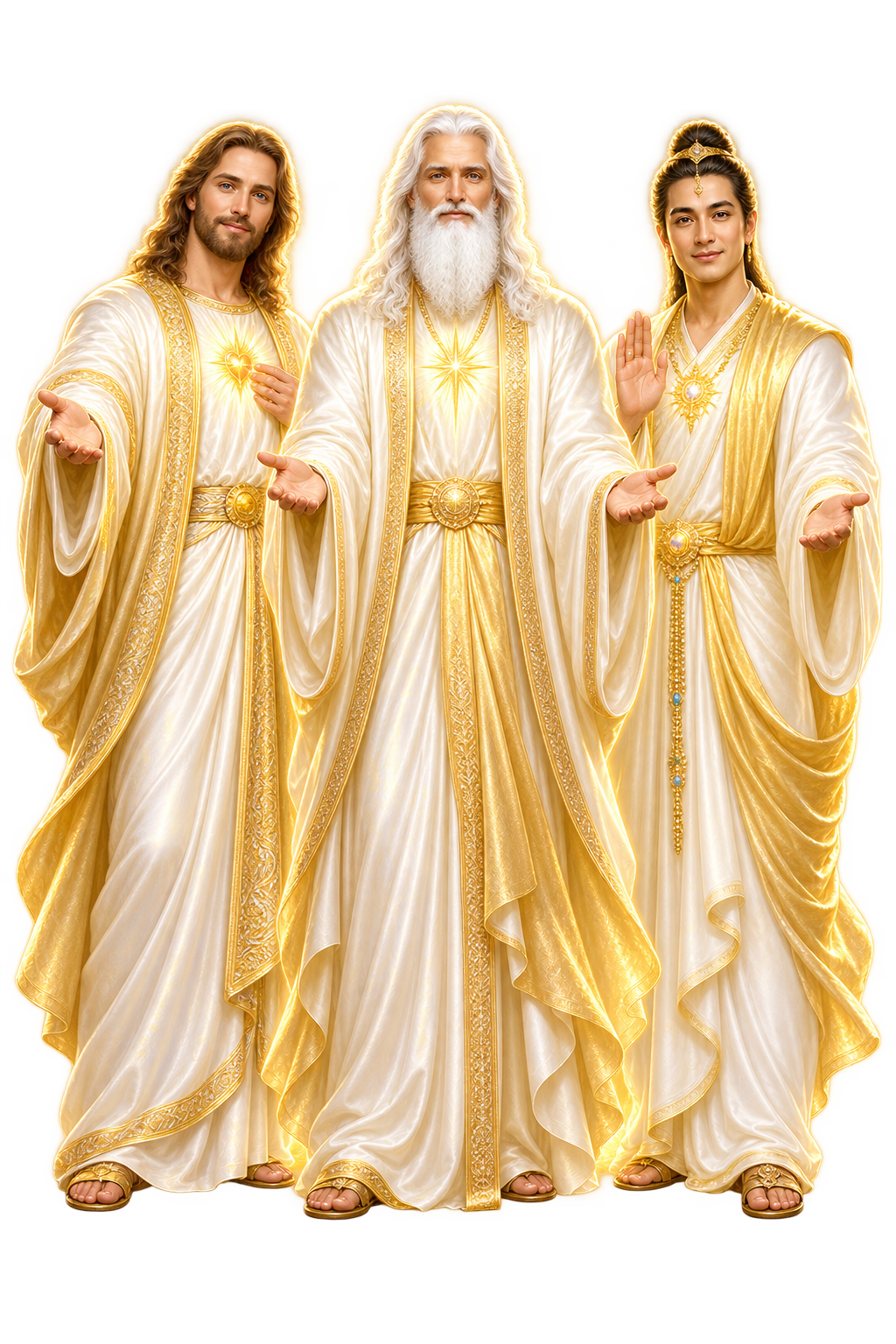 Trois Maîtres ascensionnés en robes dorées