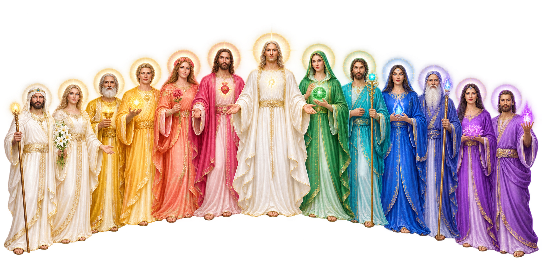 Les 13 Maîtres ascensionnés aux robes colorées, réunis en arc de lumière