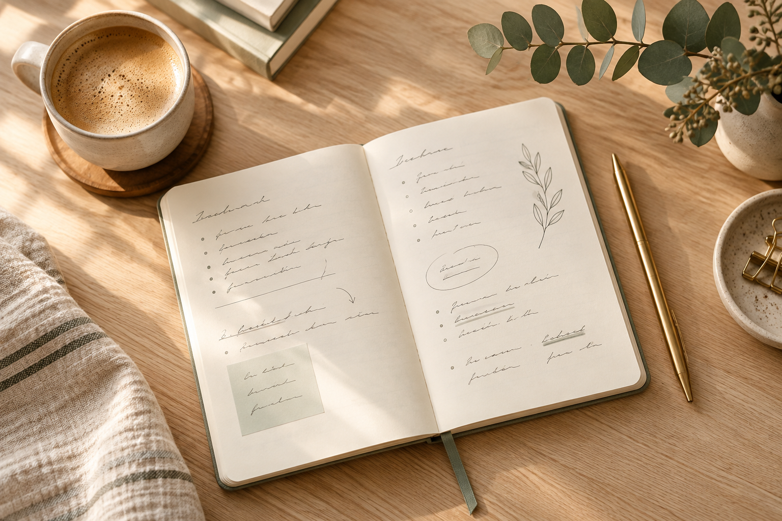 Carnet de réflexion et café dans une lumière douce