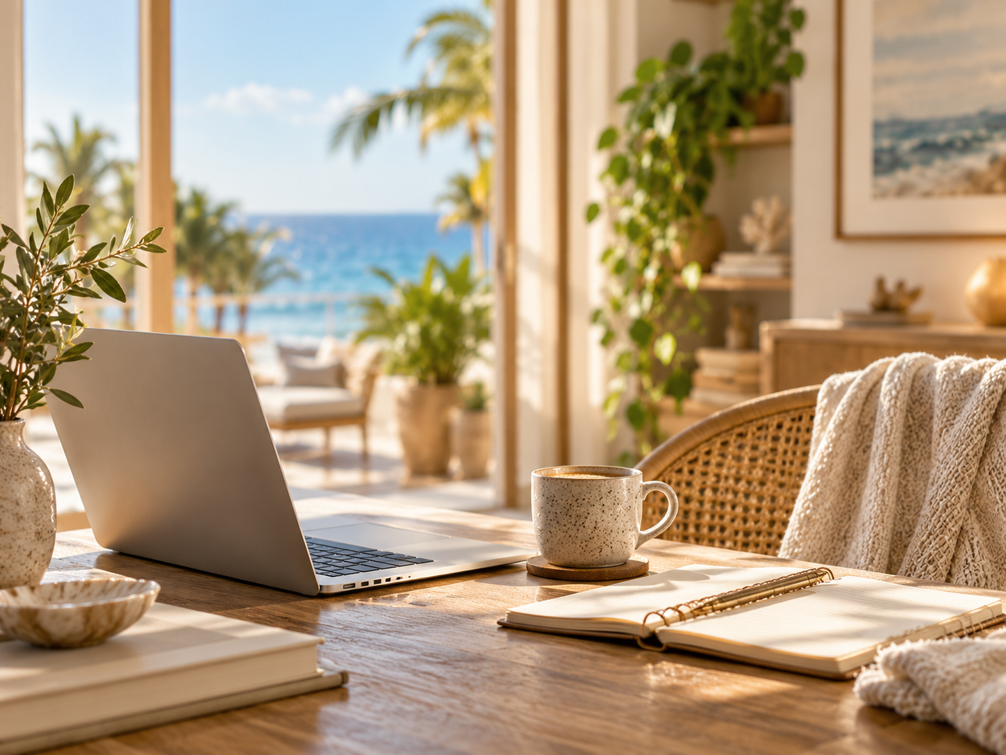 Espace de travail lumineux avec ordinateur portable face à la mer